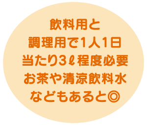 飲料用と調理用で1人1日当たり3ℓ程度必要お茶や清涼飲料水などもあると◎